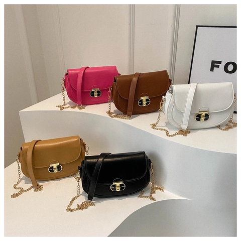 PU Leather Half Round Saddle Crossbody Bag With Gold Metal Chain And Oval Lock Solid Color Shoulder Bag For Women