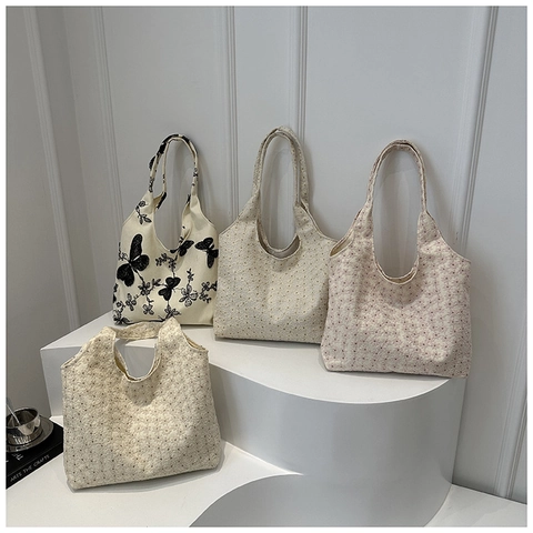 Damen Bestickte Leinwand Tragetasche Blumen Schmetterling Muster Hobo Umhängetasche Lässig Große Kapazität Strand Handtasche
