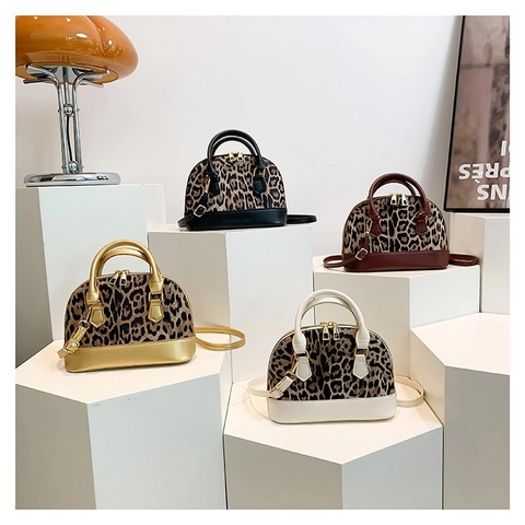 Damen Leopardenmuster Muschel Handtasche PU Leder Umhängetasche Mit Verstellbarem Riemen Gold Hardware Mode Tasche