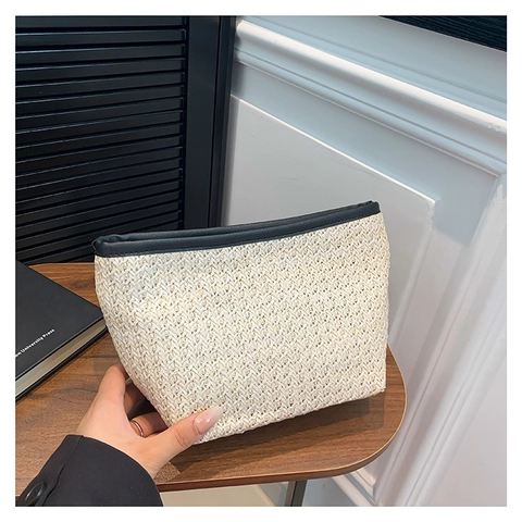 Borsa Pochette da Donna Intrecciata in Paglia Casual Estate Vacanza Trucco Trousse Grande Capacità Organizer per Toilette