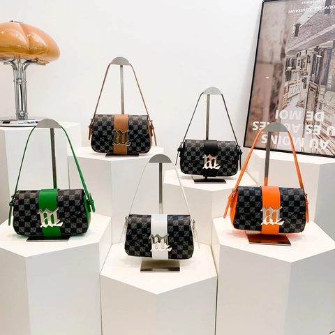 Bolso de Hombro con Monograma a Cuadros Retro para Mujer Color Contraste PU Bolso Soberaco con Hebilla Metal
