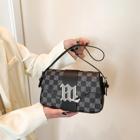 Bolso de Hombro con Monograma a Cuadros Retro para Mujer Color Contraste PU Bolso Soberaco con Hebilla Metal