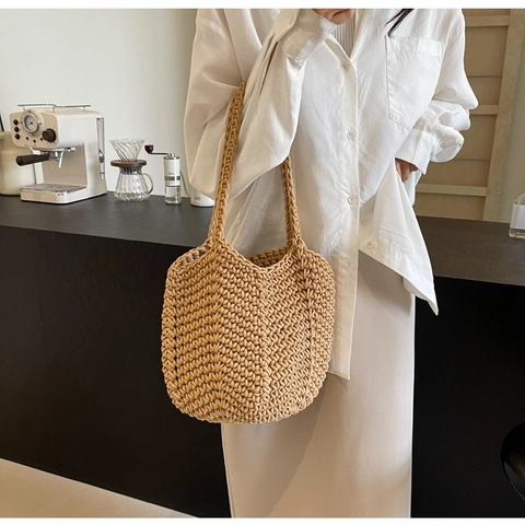 Bucket Shoulder Bag Handmade Cotton Crochet Large Capacity Summer Beach Vacation Casual Woven Tote For Women