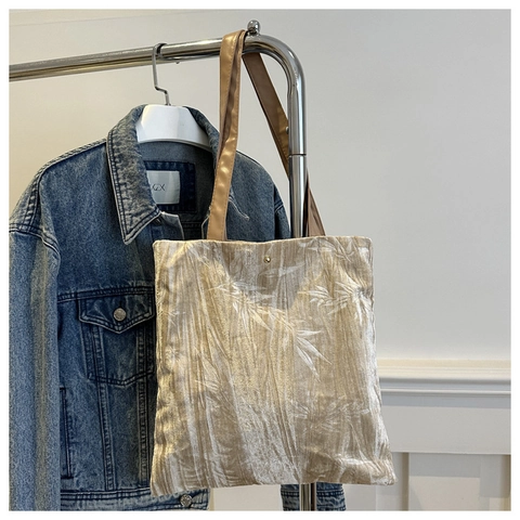 Bolso Tote de Terciopelo Retro Con Bordado de Hojas de Bambú Textura Plisada Gran Capacidad Bolso de Hombro para Mujer Diario