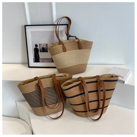 Woven Stroh Tragetasche Große Kapazität Gestreifte Umhängetasche Mit PU Ledergriffen Für Damen Sommer Strandurlaub Vintage