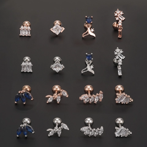 Pendiente De Cartílago Cobre Circonita Azul Geométrico Conch Stud Cierre De Tornillo Joyería Mujer Moda