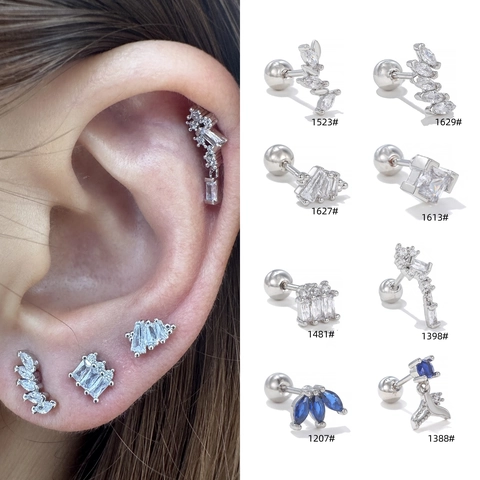 Pendiente De Cartílago Cobre Circonita Azul Geométrico Conch Stud Cierre De Tornillo Joyería Mujer Moda