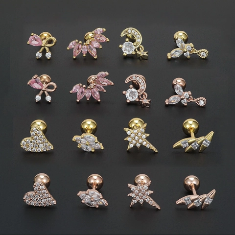 Copper Pink Zirconia Bowknot Heart Stud Earrings For Women Star Moon Butterfly Cartilage Screw Back Earrings Fashion Jewelry