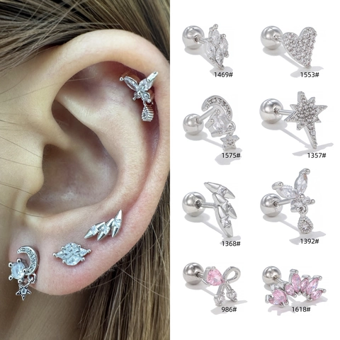 Copper Pink Zirconia Bowknot Heart Stud Earrings For Women Star Moon Butterfly Cartilage Screw Back Earrings Fashion Jewelry
