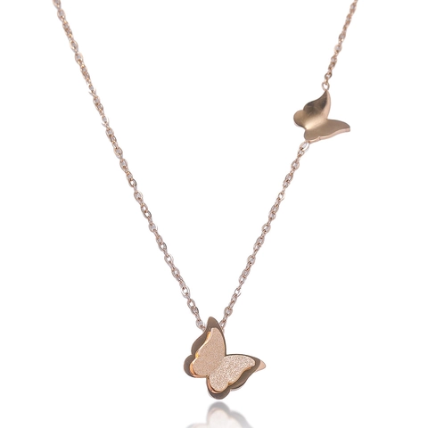 Titanium Stahl Doppel Schmetterling Anhänger Halskette Rose Gold Ton Elegante Schlüsselbein Kette Schmuck Für Damen