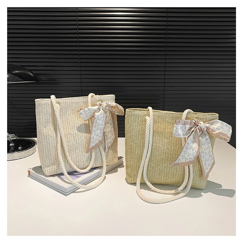Damen Casual Stroh Gewebte Schultertasche Sommer Strand Beuteltasche Mit Satinschal Schleife Seilgriff Pastoraler Stil Tote