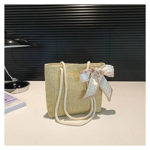 Damen Casual Stroh Gewebte Schultertasche Sommer Strand Beuteltasche Mit Satinschal Schleife Seilgriff Pastoraler Stil Tote