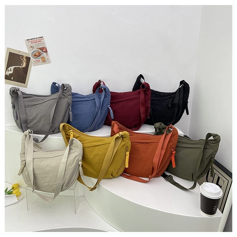 Minimalist Half Moon Crossbody Bag Nylon Hobo Dumpling Handbag With Adjustable Wide Strap And Braided Zipper Puller For Women