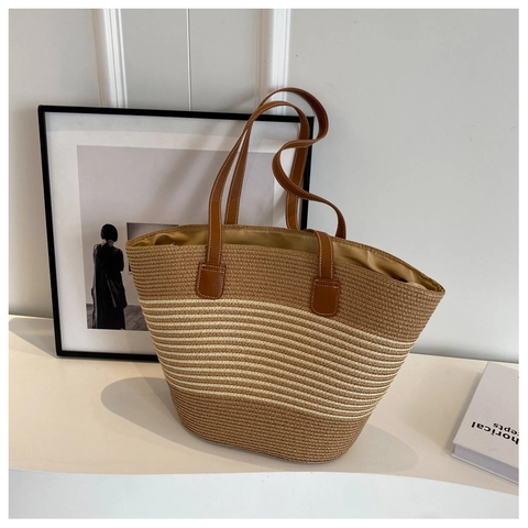 Woven Stroh Tragetasche Große Kapazität Gestreifte Umhängetasche Mit PU Ledergriffen Für Damen Sommer Strandurlaub Vintage