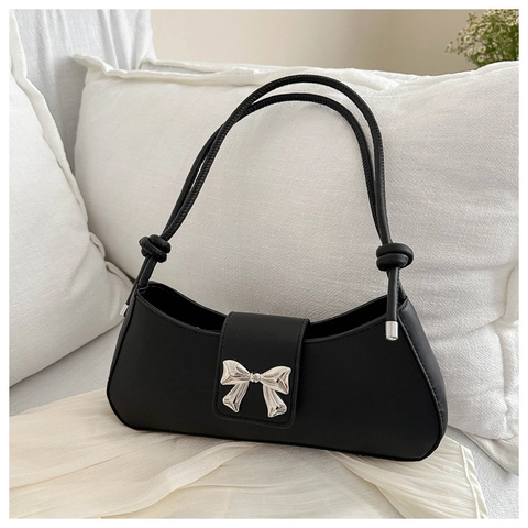 Women PU Leather Hobo Underarm Shoulder Bag With Silver Metal Butterfly Decor Knot Strap Elegant Versatile Fashion