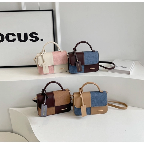 Retro Contrast Color Patchwork Small Square Handbag PU Leather Denim Texture Shoulder Crossbody Bag For Women