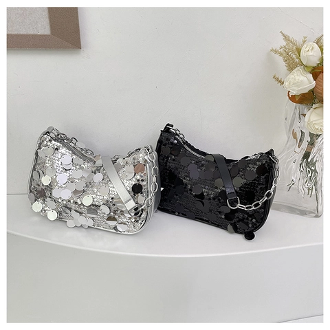 Sequin Schultertasche Glitzernde Unterarmtasche Mit Metallkette Party Banquet Hobo Crescent Handtasche Für Damen Nische Trendy