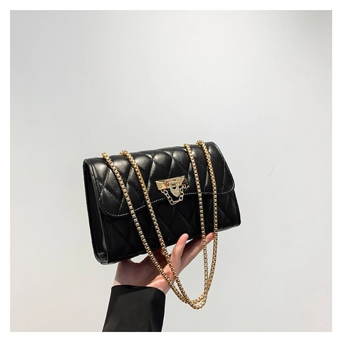 Bolso de Hombro Acolchado para Mujer Cuero PU Correa de Cadena Dorada Bolso Bandolera Cuadrado Pequeño Moda Diario Versátil