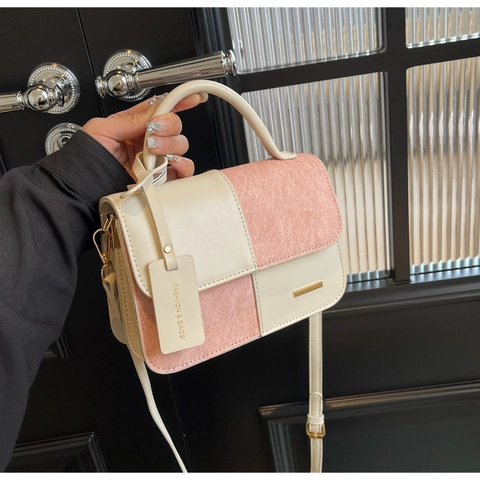 Retro Contrast Color Patchwork Small Square Handbag PU Leather Denim Texture Shoulder Crossbody Bag For Women