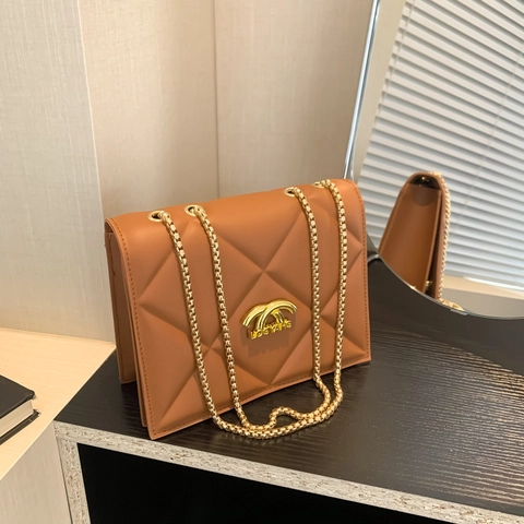 Elegant Quilted Chain Shoulder Bag For Women High Quality PU Leather Vintage Crossbody Bag Gold Metal Logo Flap Handbag Party Purse