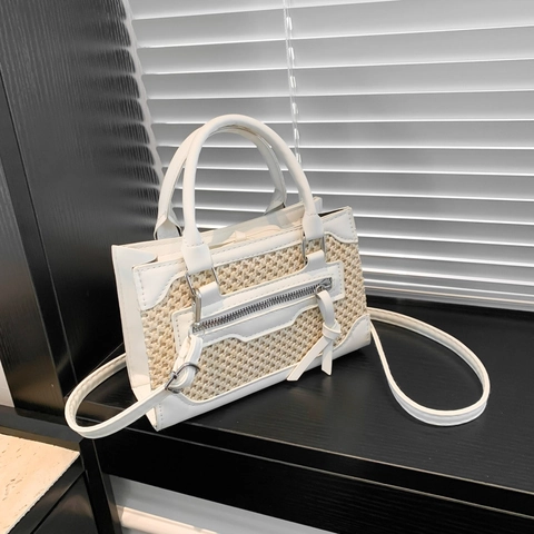Dames Mini Stro Gevlochten PU-Leer Patchwork Schoudertas Kleine Vierkante Handtas Met Kwastje Rits Casual Zomer Crossbody Tas