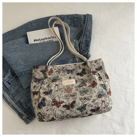 Damen Vintage Ethno Schmetterling Jacquard Tote Bag Große Kapazität Leinwand Gewebte Schultertasche Täglich Reise Mode Handtasche