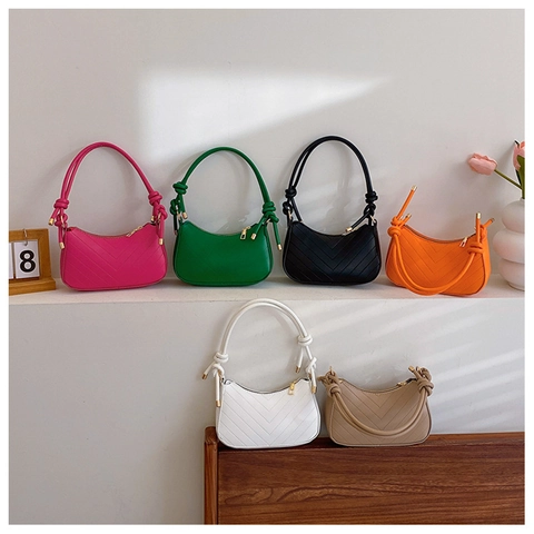 Women Quilted Underarm Bag PU Leather V-Shaped Chevron Pattern Shoulder Bag With Knot Strap Half Moon Shape Fashion