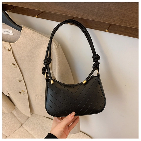 Women Quilted Underarm Bag PU Leather V-Shaped Chevron Pattern Shoulder Bag With Knot Strap Half Moon Shape Fashion