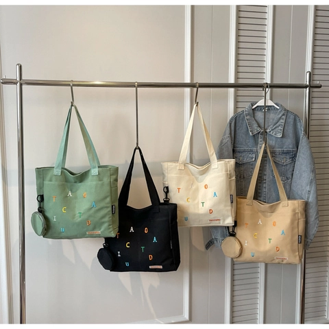 Women Large Capacity Canvas Tote Bag With Letter Embroidery Zip Closure Casual Shoulder Bag With Round Coin Purse