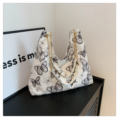 Butterfly Embroidered Lace Fabric Tote Bag Large Capacity Chain Strap Women Shoulder Bag Elegant Chic