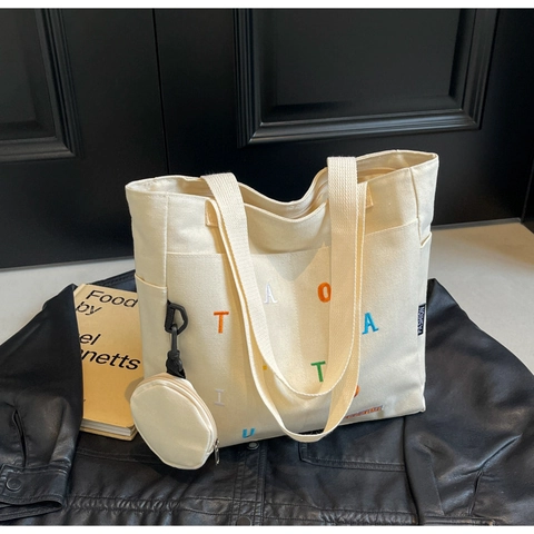 Women Large Capacity Canvas Tote Bag With Letter Embroidery Zip Closure Casual Shoulder Bag With Round Coin Purse