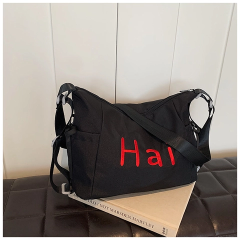 Borsa a Spalla da Donna in Nylon Grande Capacità Borsa a Tracolla Leggera Con Ricamo a Lettere Coulisse Borsa da Viaggio Casual