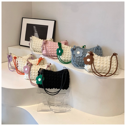 Women Fashion Popcorn Texture Shoulder Bag Pleated Puff Underarm Bag With Flower Pendant Nylon Korean Style Casual Handbag