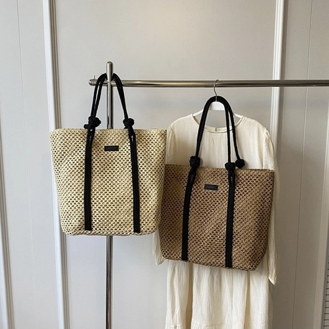 Bolso Tote de Paja Tejida Calada para Mujer Gran Capacidad Bolso de Hombro de Playa Con Asa de Cuerda de Contraste Resort