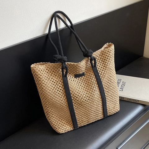 Bolso Tote de Paja Tejida Calada para Mujer Gran Capacidad Bolso de Hombro de Playa Con Asa de Cuerda de Contraste Resort