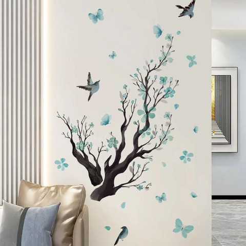 Blaue Blumen Zweige Vögel Wandaufkleber PVC Wasserdicht Selbstklebend Wandtattoos Für Wohnzimmer Schlafzimmer Home Dekor