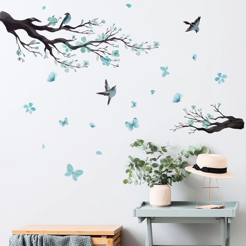 Blaue Blumen Zweige Vögel Wandaufkleber PVC Wasserdicht Selbstklebend Wandtattoos Für Wohnzimmer Schlafzimmer Home Dekor