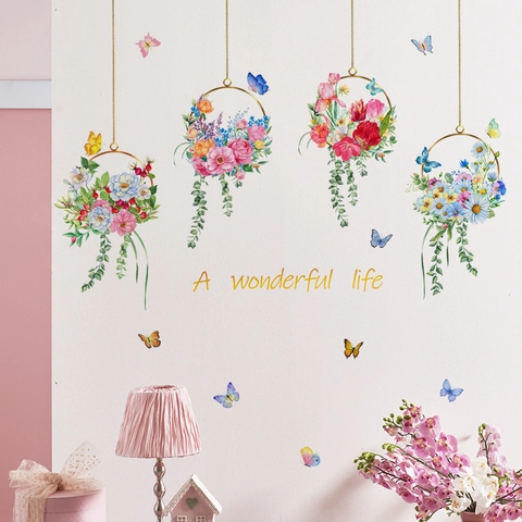 Adesivi Murali Ghirlande Floreali Sospese Farfalle PVC Autoadesivo Decorazione Casa Citazione Una Vita Meravigliosa