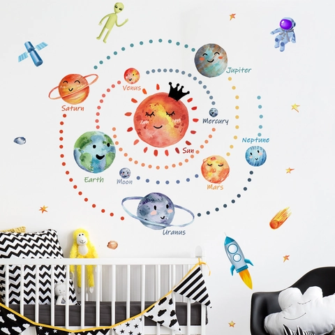 Solar System Wall Stickers PVC Astronaut Planets Educational Decals For Kids Room Bedroom Watercolor Cartoon Decor