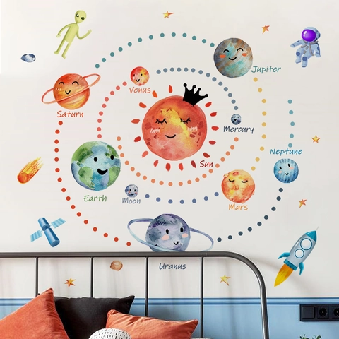 Solar System Wall Stickers PVC Astronaut Planets Educational Decals For Kids Room Bedroom Watercolor Cartoon Decor
