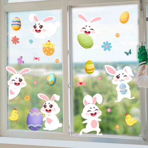 Easter Window Stickers PVC Static Cling Cartoon Rabbit Eggs Butterfly For Glass Surface Holiday Home Decor
