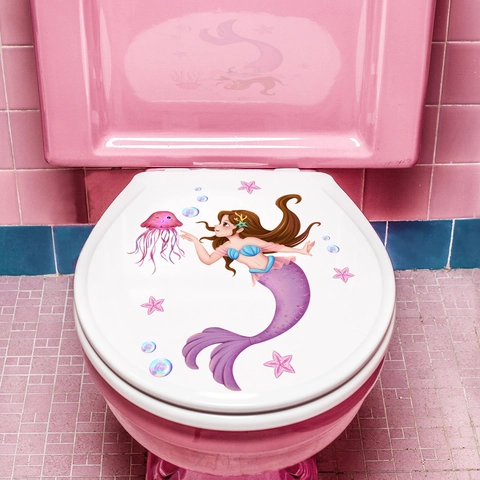 Mermaid Princess Jellyfish Toilet Sticker Waterproof PVC Wall Decal For Bathroom Decor Cute Marine Life Cartoon Sticker