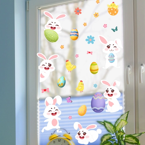 Easter Window Stickers PVC Static Cling Cartoon Rabbit Eggs Butterfly For Glass Surface Holiday Home Decor
