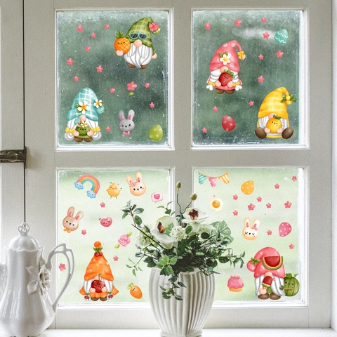 Easter Gnomes Window Clings PVC Static Stickers Bunny Egg Fruit Pattern For Glass Decoration Spring Party