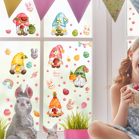 Easter Gnomes Window Clings PVC Static Stickers Bunny Egg Fruit Pattern For Glass Decoration Spring Party