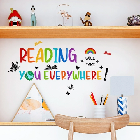 Stickers Muraux Citations Inspirantes Sur La Lecture Arc-en-Ciel Coloré Terre Papillon Stickers Muraux En PVC Pour Salle De Classe