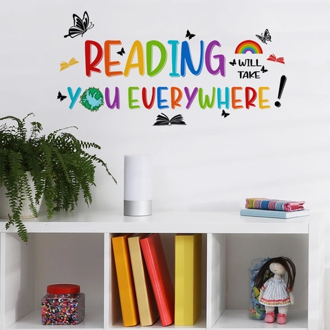 Stickers Muraux Citations Inspirantes Sur La Lecture Arc-en-Ciel Coloré Terre Papillon Stickers Muraux En PVC Pour Salle De Classe