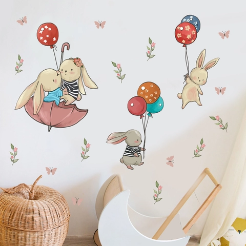 Autocollants Muraux Lapin Dessin Animé PVC Auto-Adhésif Ballons Colorés Parapluie Décoration Pour Chambre D'Enfant