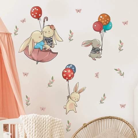 Cartoon Rabbit Wall Sticker With Balloons Flowers PVC Removable Self-Adhesive Wall Decal For Kids Nursery Room Bedroom Decor