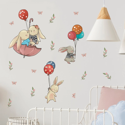 Autocollants Muraux Lapin Dessin Animé PVC Auto-Adhésif Ballons Colorés Parapluie Décoration Pour Chambre D'Enfant